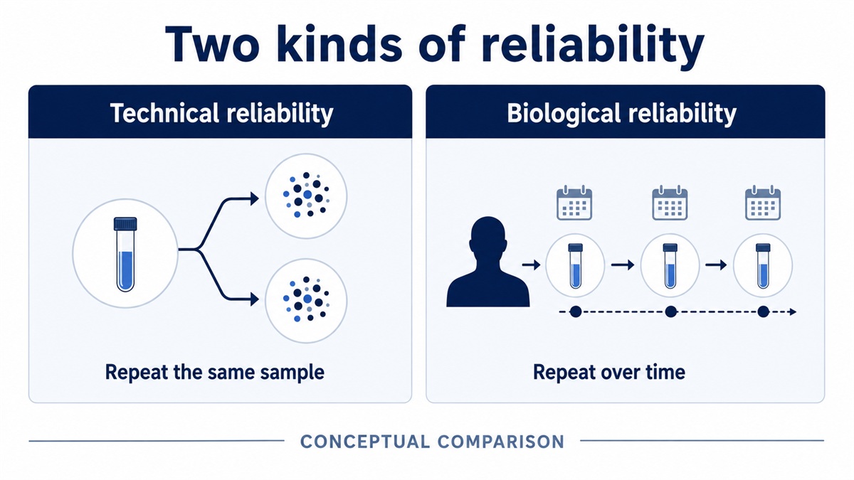 Technical reliability repeats a measurement on the same sample; biological reliability considers repeated measurements over time.