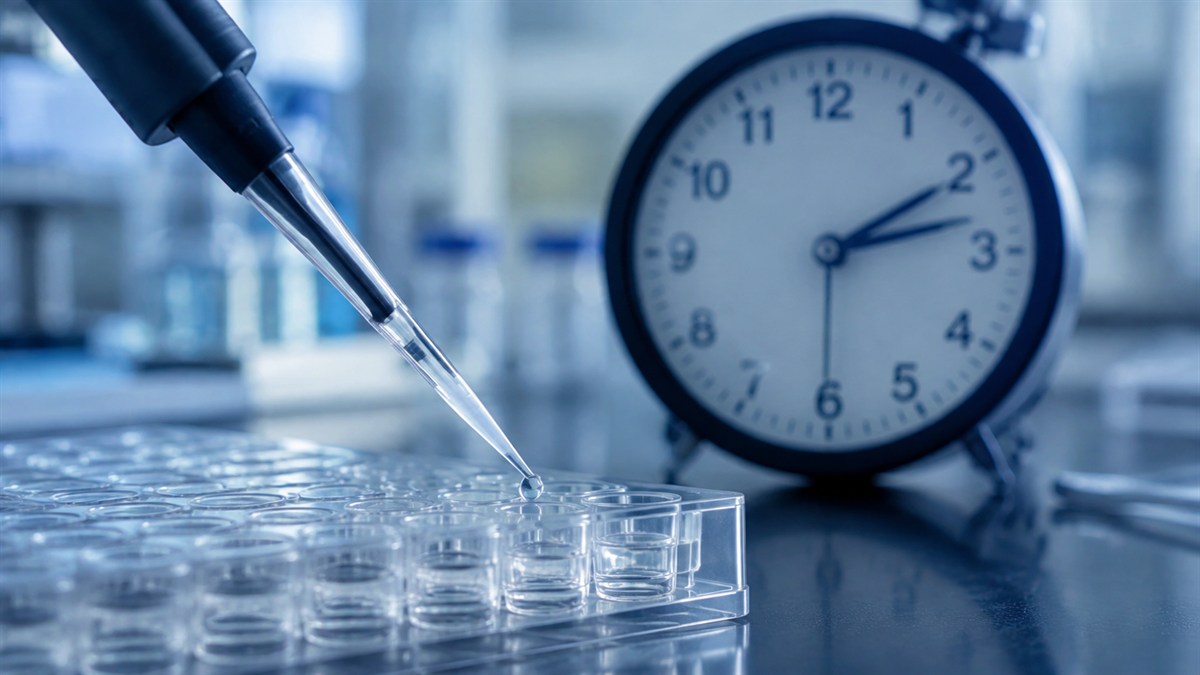 A laboratory pipette above sample wells, with a clock in the background.