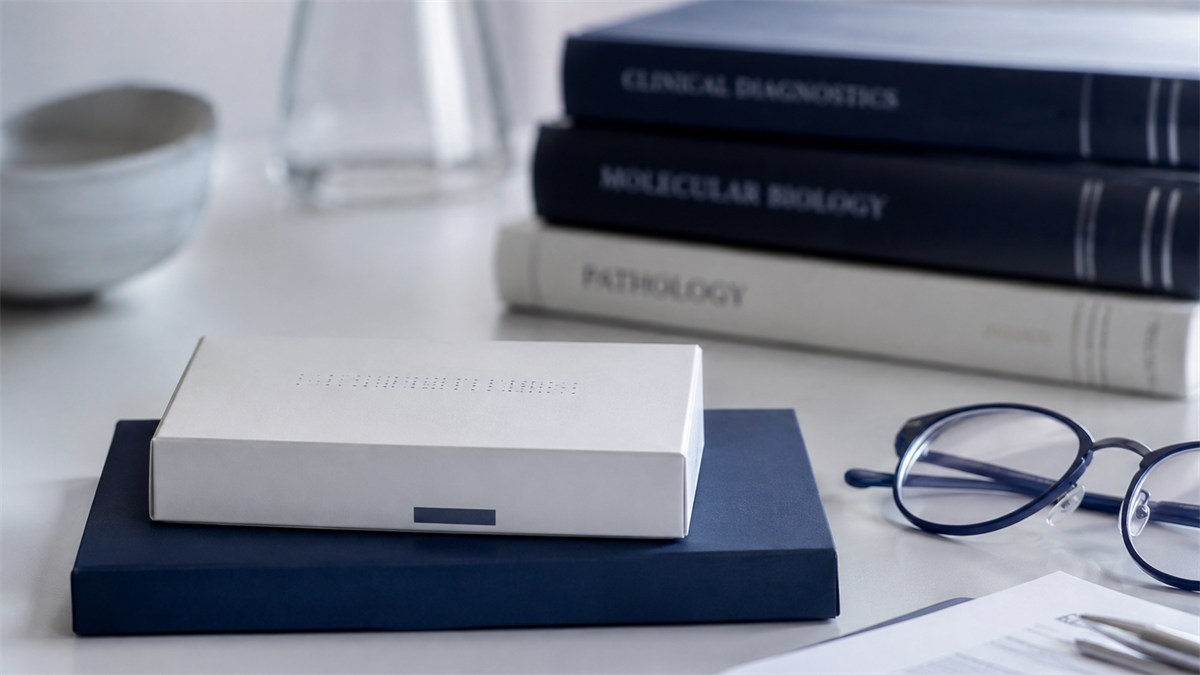 Medical reference books, reading glasses and a sample kit on a clinical desk.
