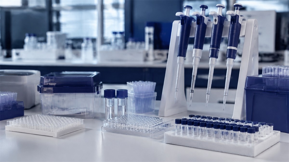 Pipettes, microplates and capped tubes on a laboratory bench.