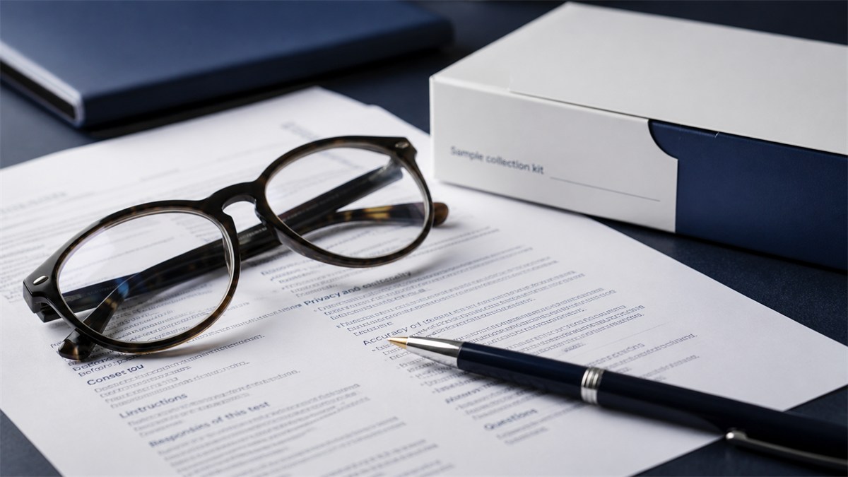 Reading glasses and a pen over paperwork beside a test kit.