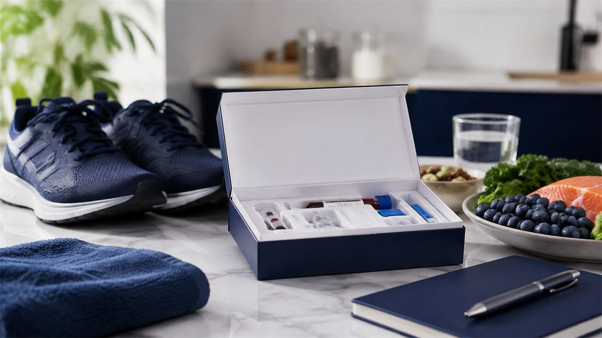 Walking shoes, fresh foods and a blood test kit on a kitchen table.