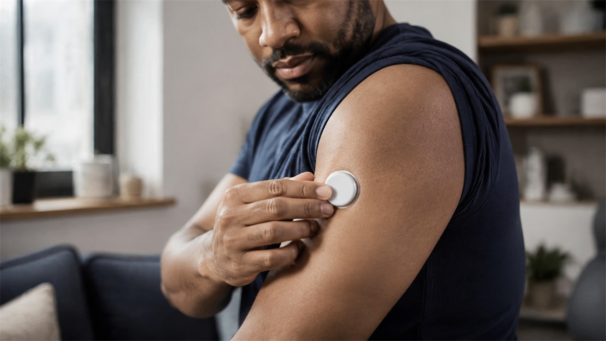 An adult places a round glucose sensor on the back of an upper arm.