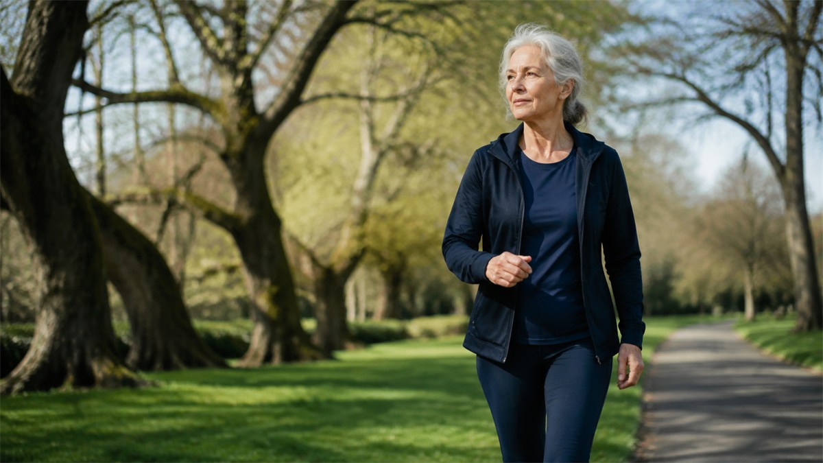 An older adult walks briskly along a sunlit park path.