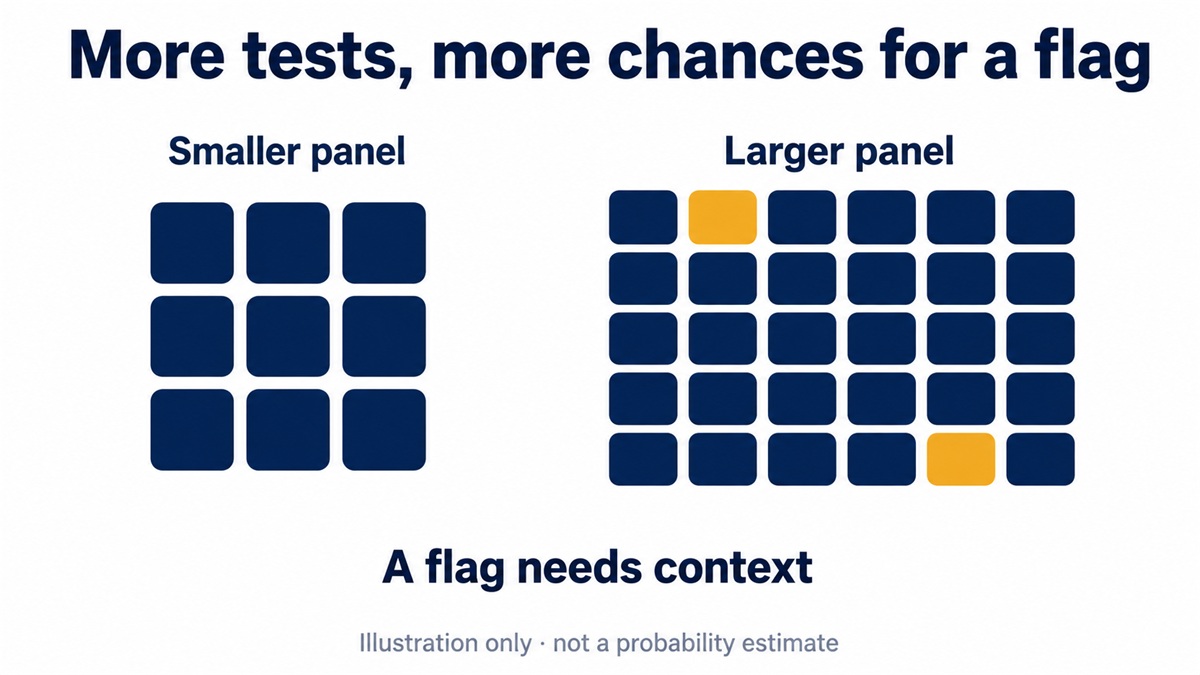 Conceptual small and large test panels, with a few flagged results in the larger panel. Flags require context; this is not a probability estimate.