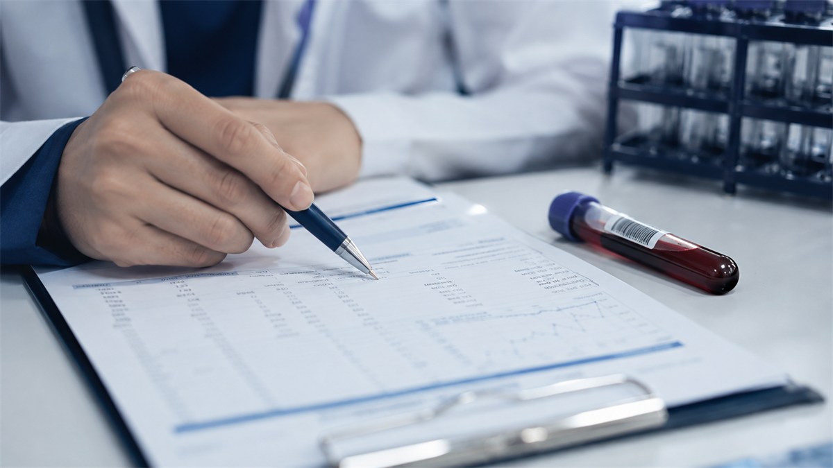 A clinician reviews a paper laboratory report beside a sample tube.