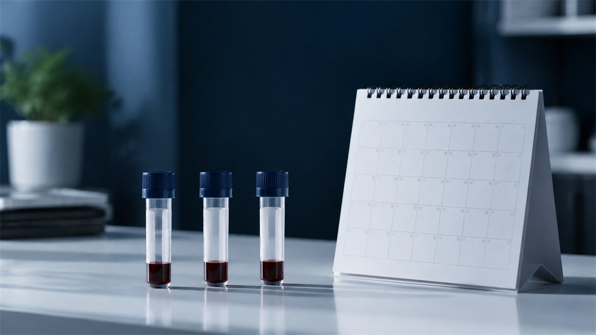 Three matching sample tubes beside a desk calendar.