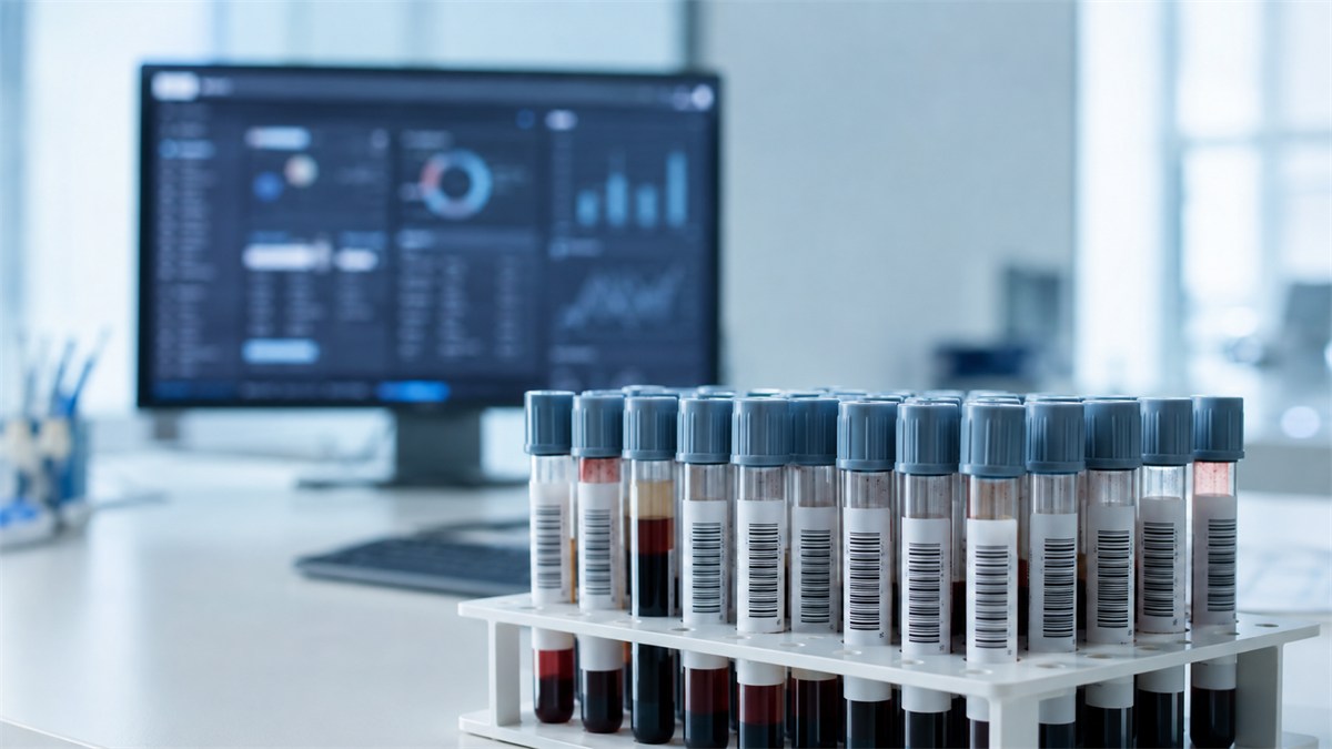 Capped blood sample tubes in front of a laboratory monitor.