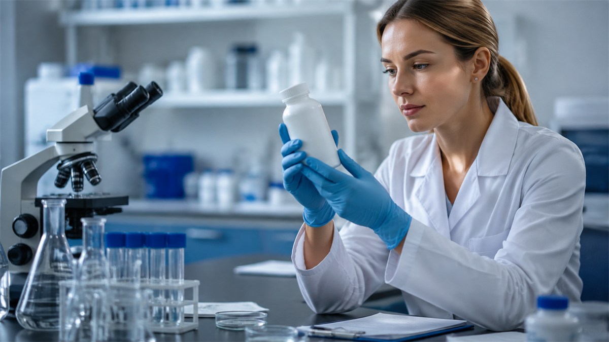 Gloved hands examine a plain supplement bottle in a laboratory.